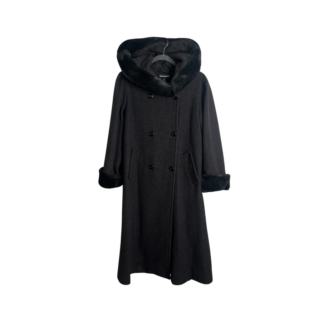 Donnybrook Womens Wool Maxi Coat Faux Fur Trim Hooded Double‎ Breasted Grey 6